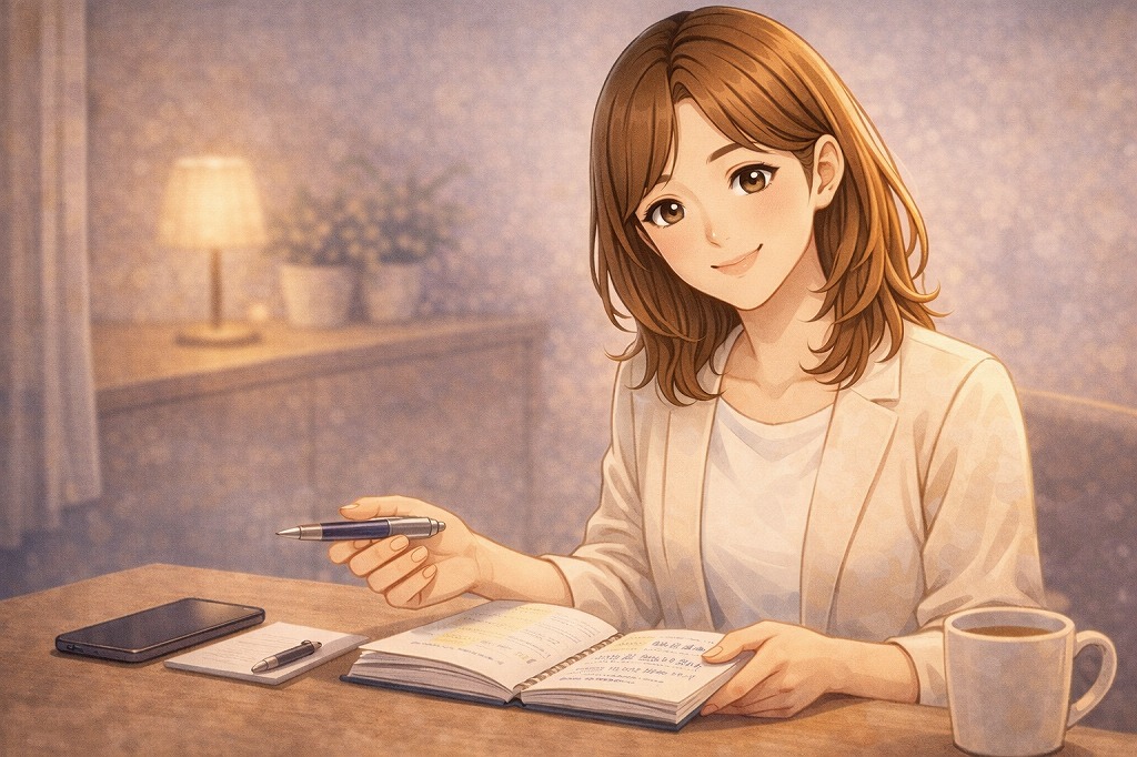 初回特典の選び方をノートで整理しながら読者にやさしく案内する早川かなえのイラスト