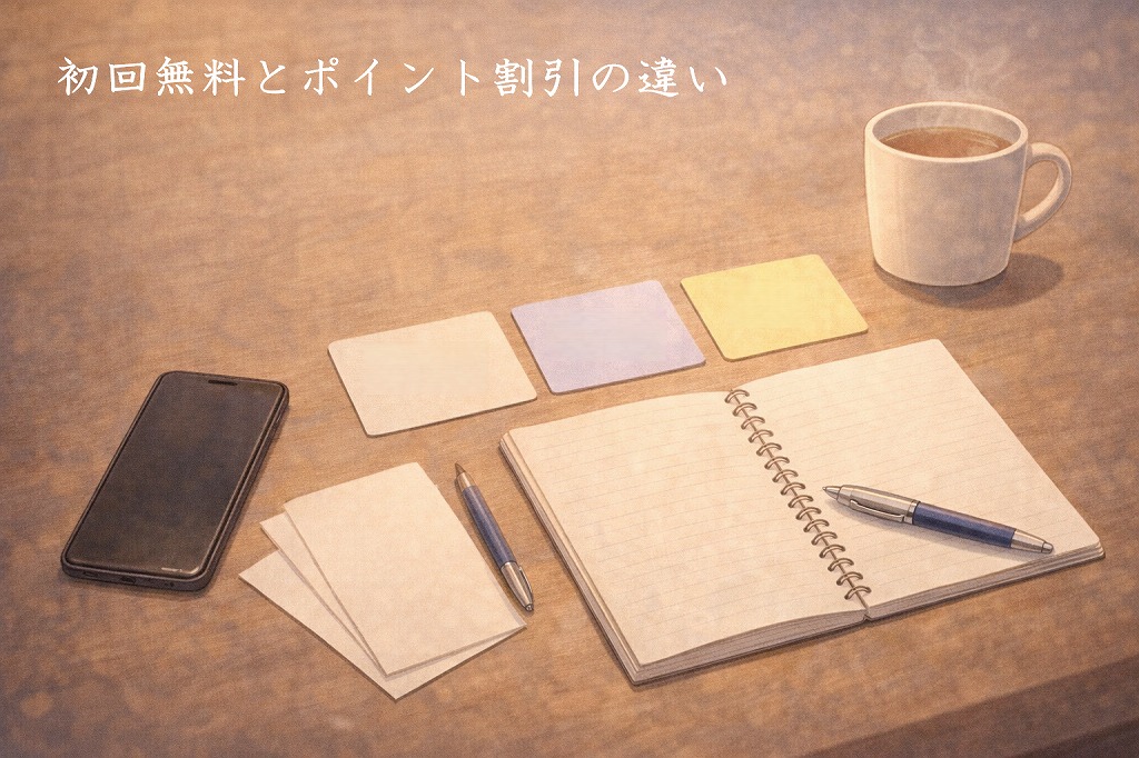 スマホとノートを使って電話占いの初回特典の種類や違いを落ち着いて整理している机上のイメージ