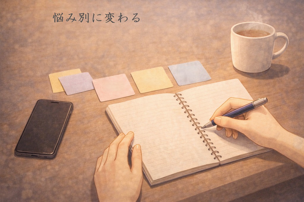 恋愛や仕事など悩みの種類ごとにノートで分類しながら自分に合う特典を考えている手元のイメージ