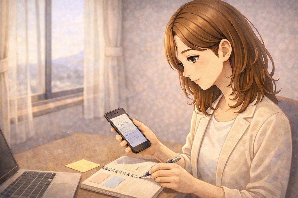 スマホとメモを見比べながら無料時間の長さだけでなく話しやすさとの相性を静かに考える早川かなえのイラスト