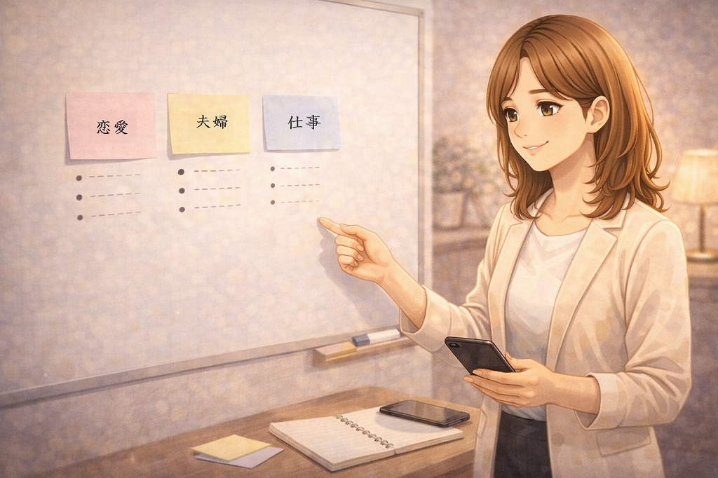 恋愛や夫婦や仕事など悩み別に選び方を整理しながら読者にやさしく案内している早川かなえのイラスト