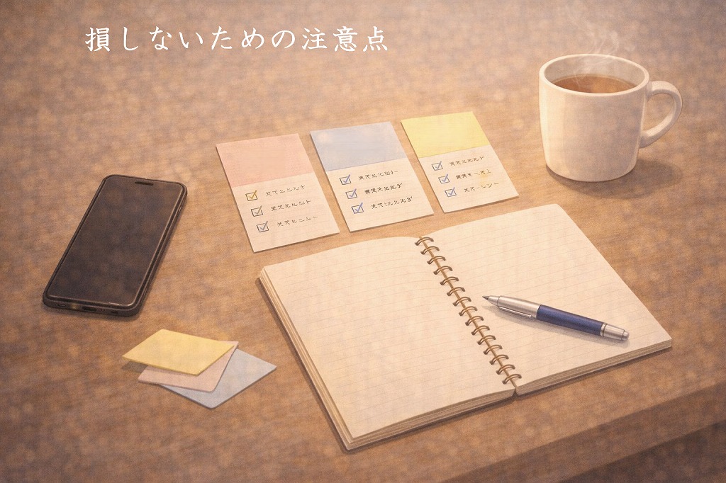 電話占いの初回特典の条件や注意点をノートにまとめながら落ち着いて確認しているデスクのイメージ