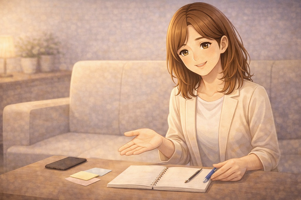 無料時間型やポイント型や割引型の使い分けを資料を見ながらやさしく整理して案内する早川かなえのイラスト