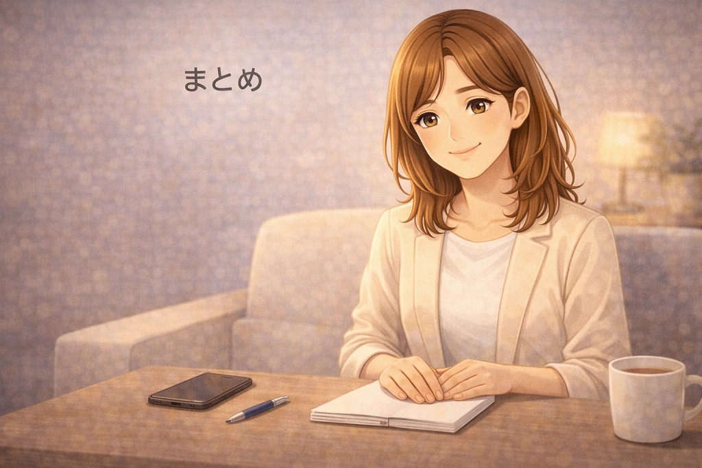 ノートを閉じて安心した表情で自分に合う初回特典を選べば大丈夫とやさしく背中を押す早川かなえのイラスト