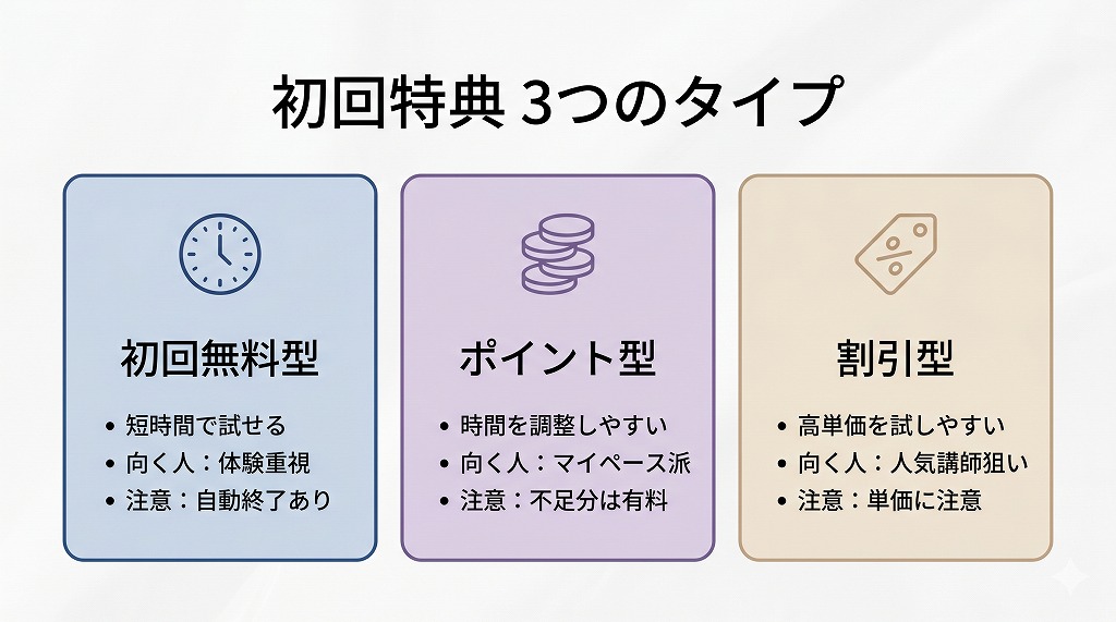 電話占いの初回特典である初回無料 ポイント 割引の違いと向いている人をひと目で整理した比較図解