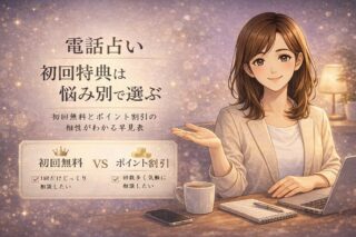 電話占いの初回特典を悩み別に選ぶコツをやさしく解説する早川かなえの案内イメージイラスト