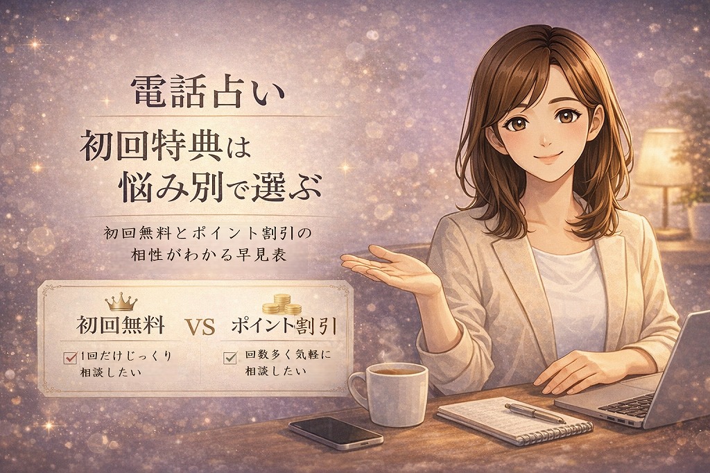 電話占いの初回特典を悩み別に選ぶコツをやさしく解説する早川かなえの案内イメージイラスト