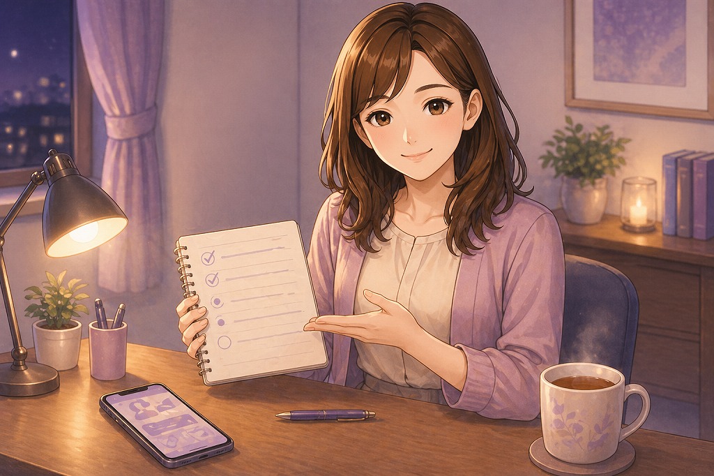 早川かなえが室内のデスクでノートとスマホを前に電話占いの相談場所の選び方をやさしく案内しているイラスト