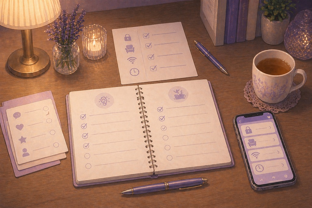 ノートやスマホを使って電話占いの相談場所の基準や確認項目を整理しているデスクイメージ