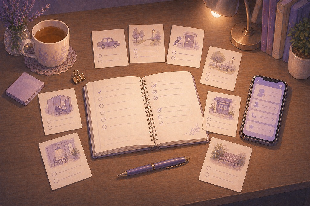 車の中や公園など電話占いを家以外のどこで話すか相談場所の候補を比較して整理しているイメージ