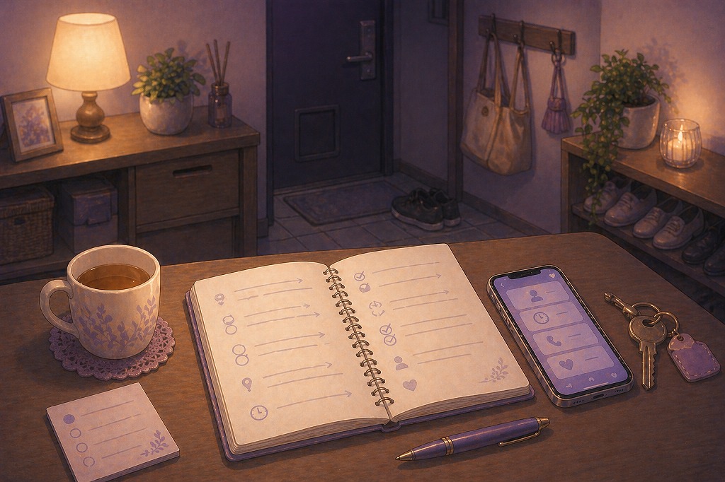 同棲中にスマホと鍵を前に電話占いをどこでするか相談場所や時間帯を慎重に考えているイメージ