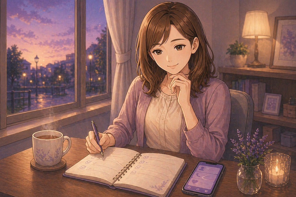 早川かなえが窓辺でノートを見ながら電話占い相談後の気持ちの整え方や帰り道の余白を案内しているイラスト