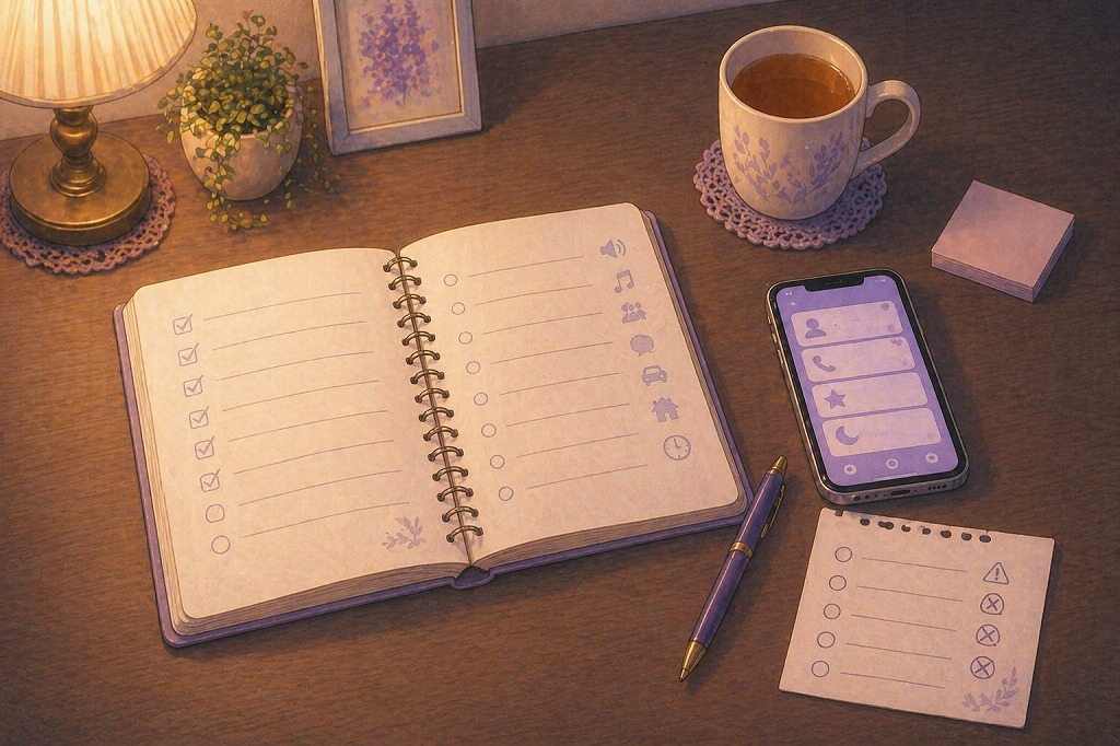 スマホと注意メモを前に電話占いで避けたい場所や相談場所選びの注意点を整理しているイメージ