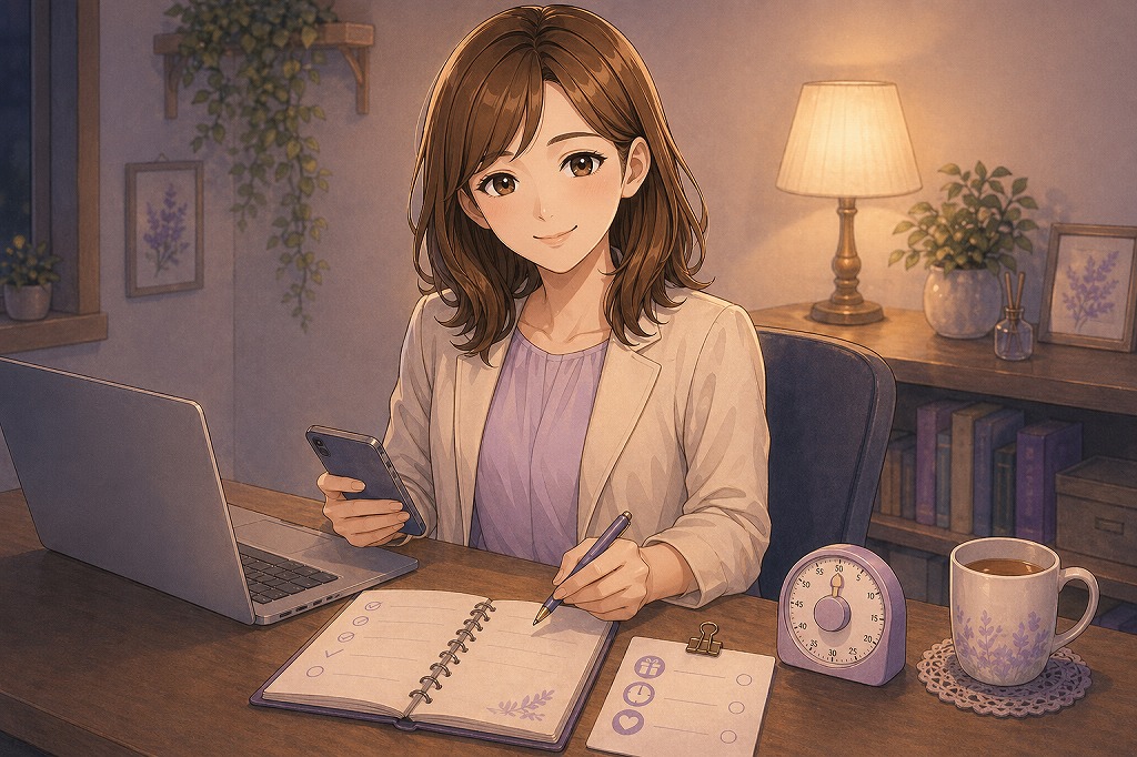 早川かなえがノートPCとスマホを見ながら家で話せない人向けに短時間相談や初回特典の活用を案内しているイラスト