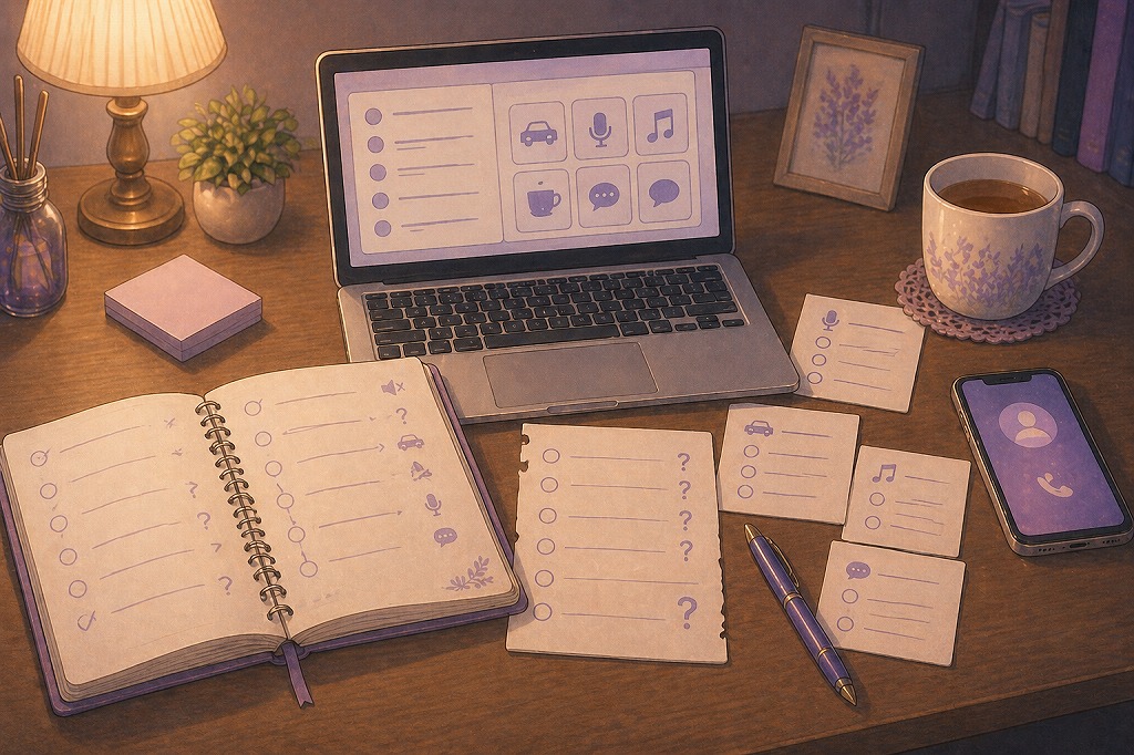 車やカラオケやチャット占いなど電話占いの場所に関するよくある質問をノートで整理しているイメージ