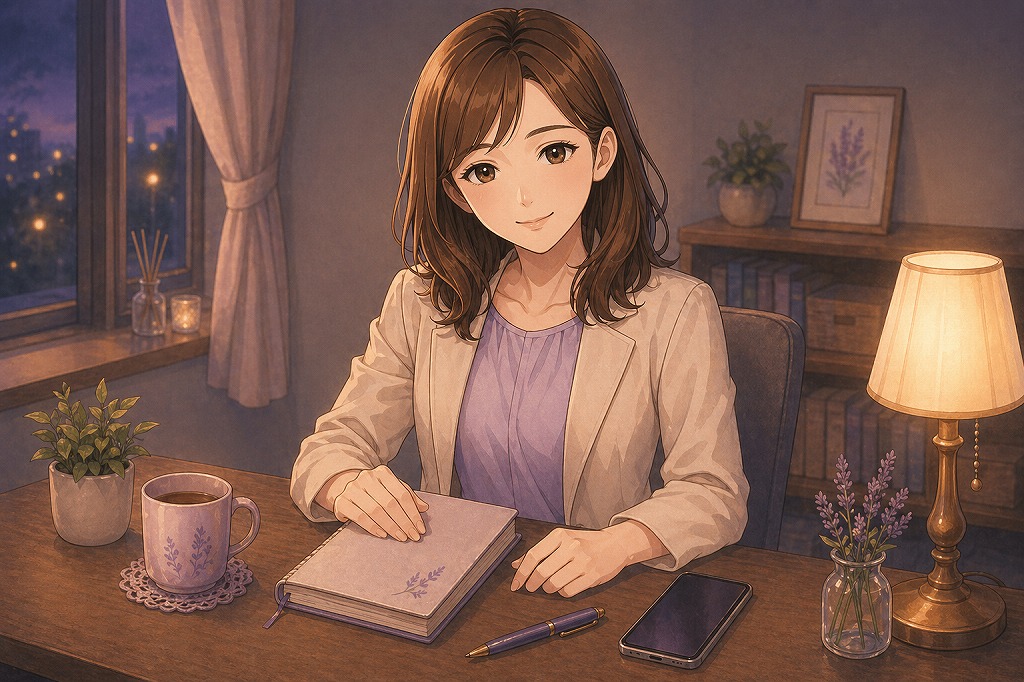 早川かなえがノートを閉じてスマホをそっと置き無理のない相談場所を見つけて試すことをやさしく後押ししているイラスト