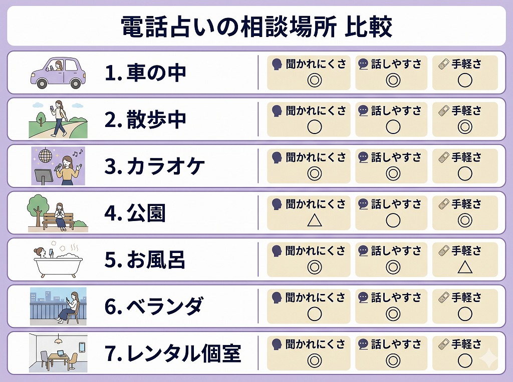 電話占いの相談場所7選を聞かれにくさや話しやすさで比較し自分に合う場所がひと目でわかる図解画像