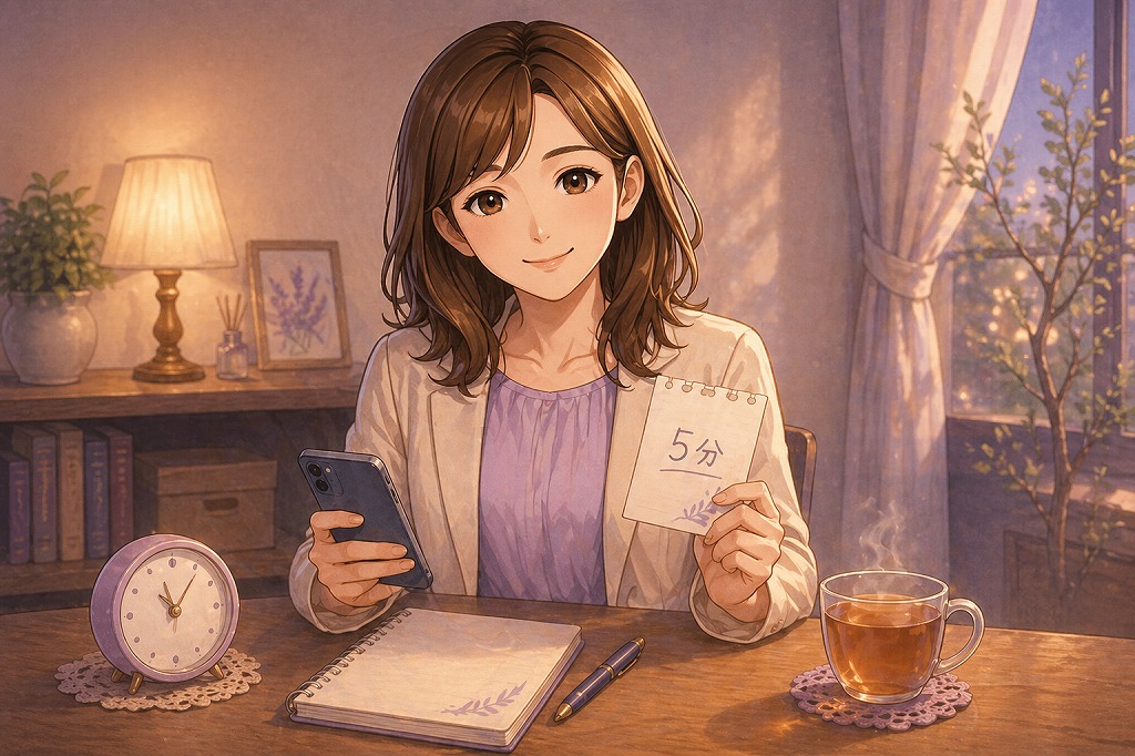 電話占いは5分だけの短時間相談でも大丈夫とやさしく案内し、スマホとメモを見ながら安心感を伝える早川かなえのイラスト