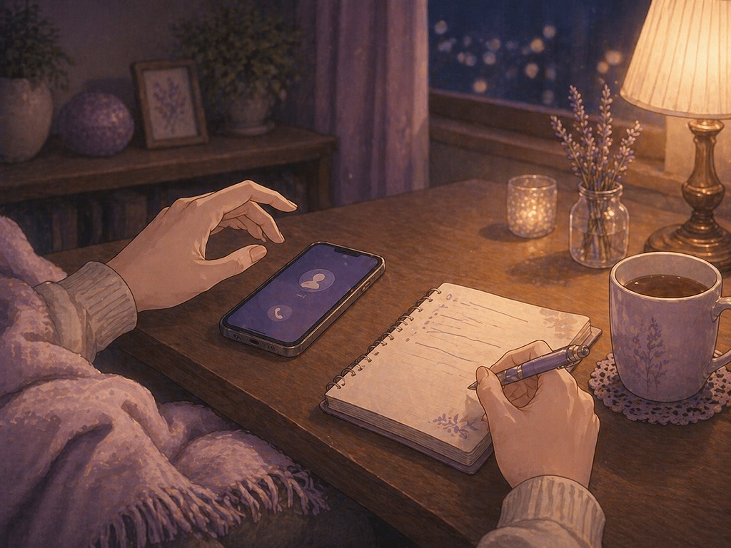 電話占いを5分だけ使うことに迷い、スマホとメモを前に短時間相談の気まずさを感じている女性の手元イラスト