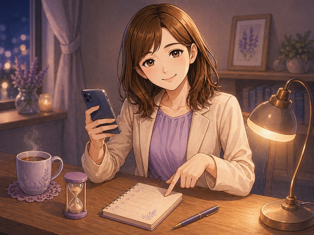 電話占いの短時間相談は最初の一言が大切だと、スマホと相談メモを使ってやさしく案内する早川かなえのイラスト