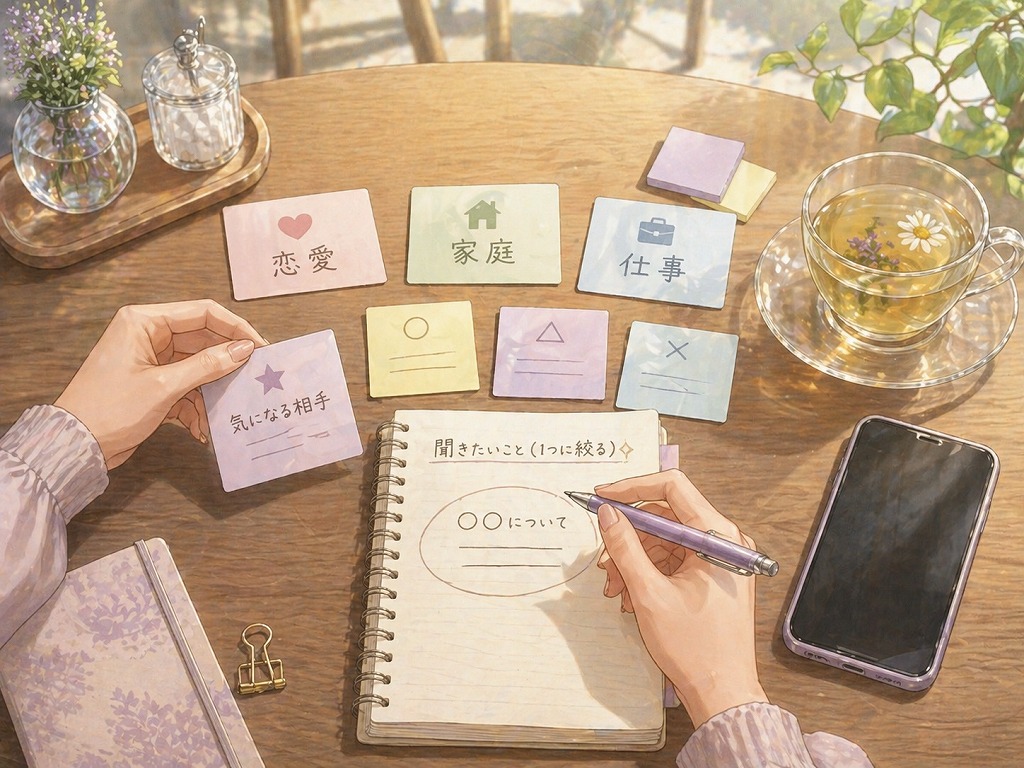 電話占いを5分だけ使う前に恋愛や家庭などの相談内容を整理し、質問を1つに絞って準備している手元のイラスト