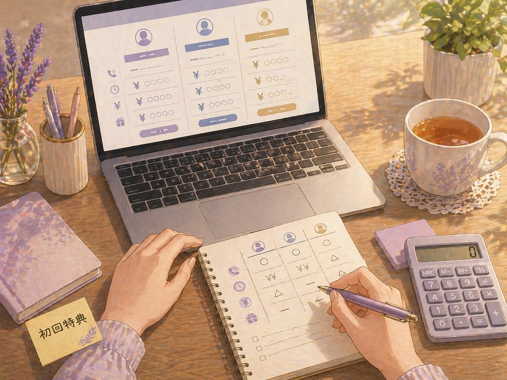 電話占いの短時間相談前に料金や初回特典を確認し、費用を整理しているノートPCとメモの手元イラスト