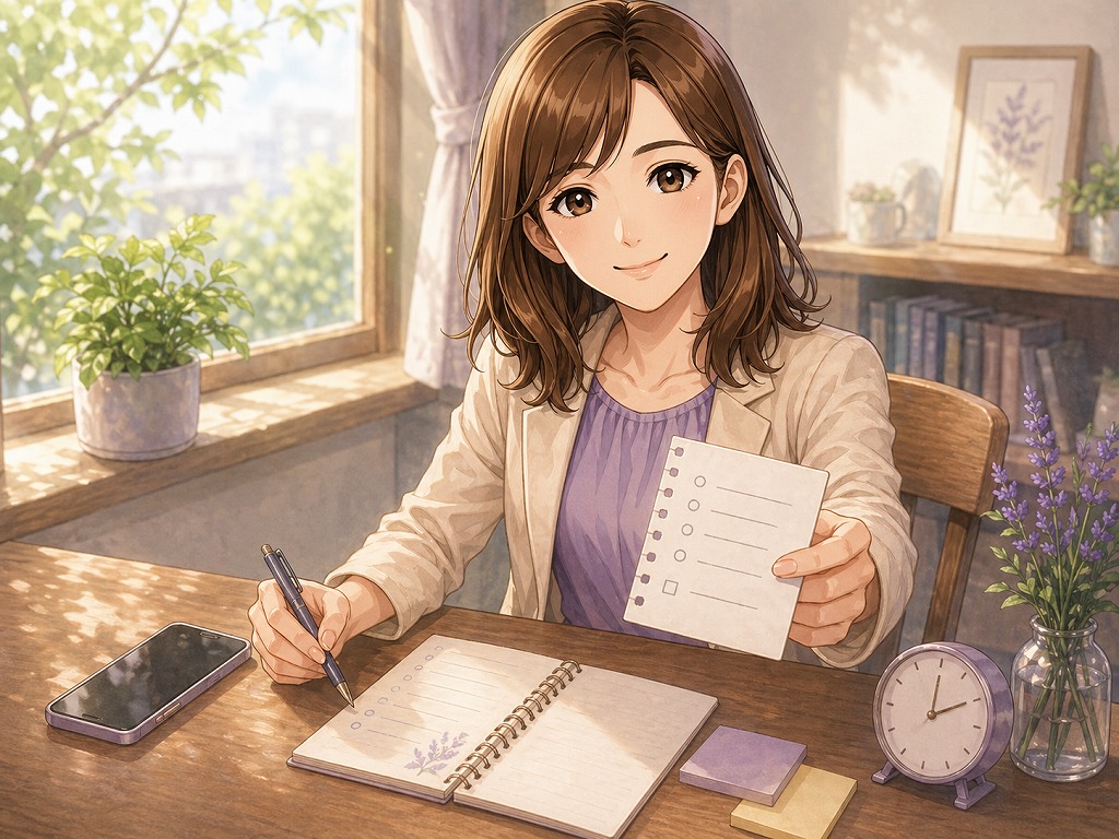 5分だけの電話占いに向けて相談内容を1枚のメモにまとめ、短時間で伝えやすく整理している早川かなえのイラスト