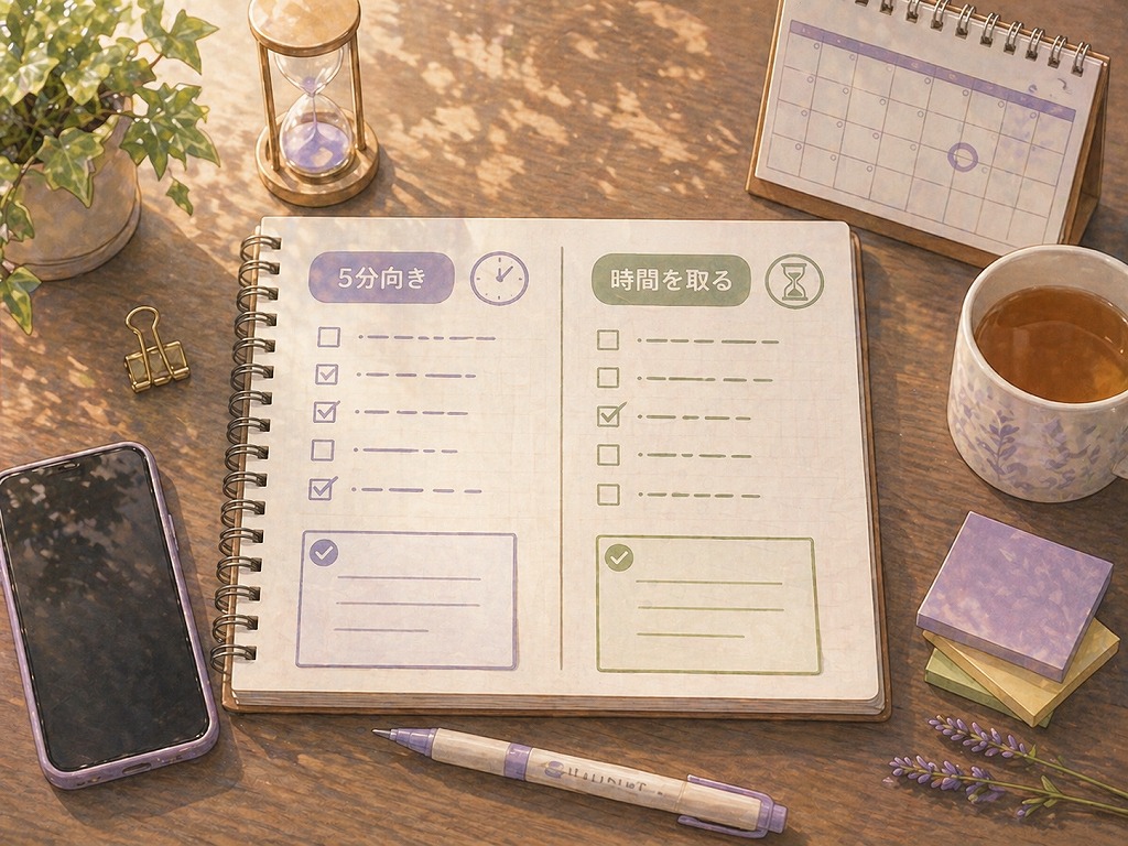 電話占いを5分だけにするか長めにするかを比較メモで見比べながら、相談時間を判断している整理型の手元イラスト