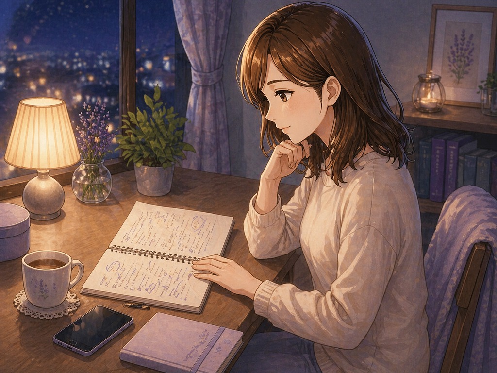 電話占いの鑑定後に残った不安をメモで見返しながら、落ち着いて気持ちを整理している早川かなえのイラスト