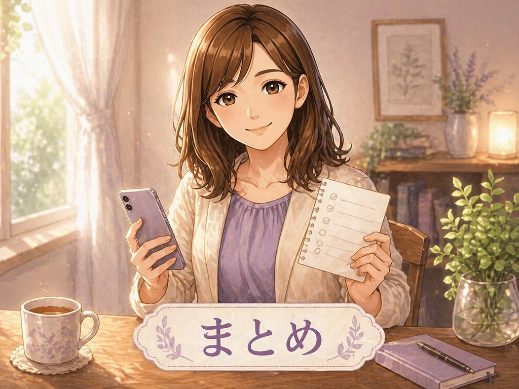 電話占いは5分だけでも大丈夫と理解し、スマホとメモを手に安心した表情で寄り添う早川かなえのイラスト