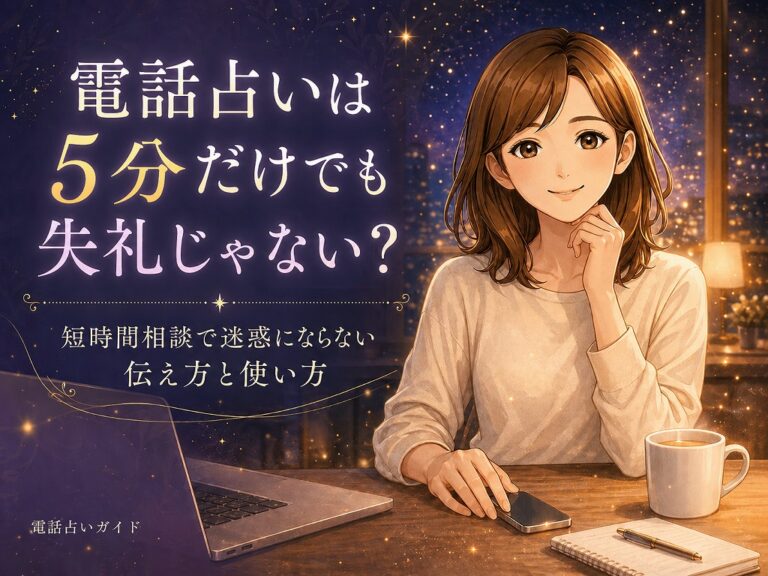 電話占いを5分だけ使う短時間相談のコツと失礼にならない伝え方をやさしく解説する早川かなえのイラスト