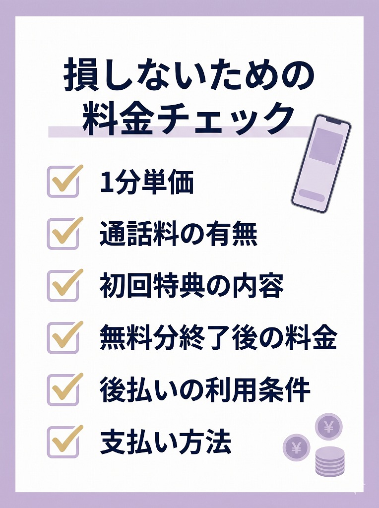電話占いを5分だけ使う前に確認したい1分単価や通話料初回特典などの料金ポイントを整理したチェックリスト図解