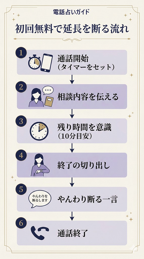 電話占いの初回無料で、通話開始から終了まで延長せずに自然に終える流れをまとめたフロー図解