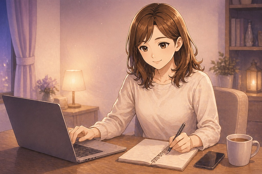 口コミ評判や料金安全性の確認ポイントをノートに整理しながらノートPCを見る早川かなえのイメージ