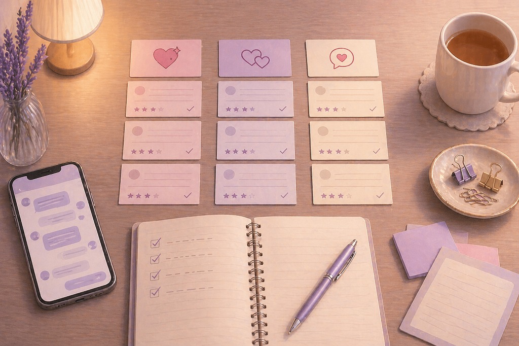 電話占いマディアの良い口コミ評判を恋愛相談や復縁相手の気持ちごとにメモで整理しているデスク俯瞰イメージ