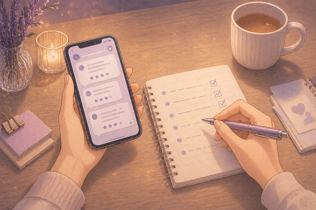 スマホで口コミを確認しながら相性や注意点をノートに書き出して慎重に整理している手元のイメージ
