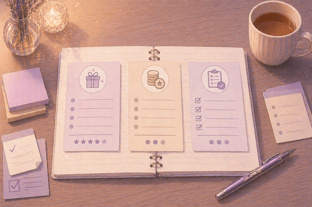 電話占いマディアの初回特典や料金条件注意点をノート上で比較整理しているデスクイメージ