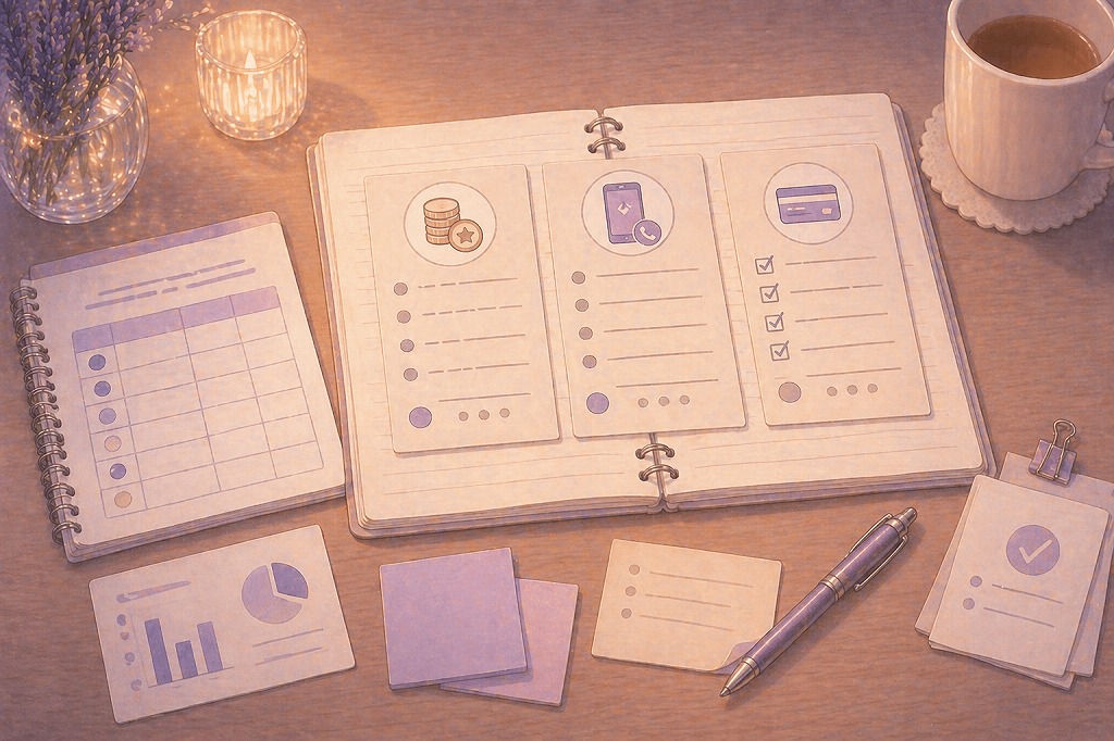 鑑定料金通話料支払い方法をメモとチェック表で比較しながら整理しているデスクイメージ