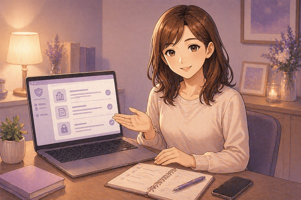 運営会社や個人情報保護方針をノートPCで確認しながら安全性を案内する早川かなえのイメージ