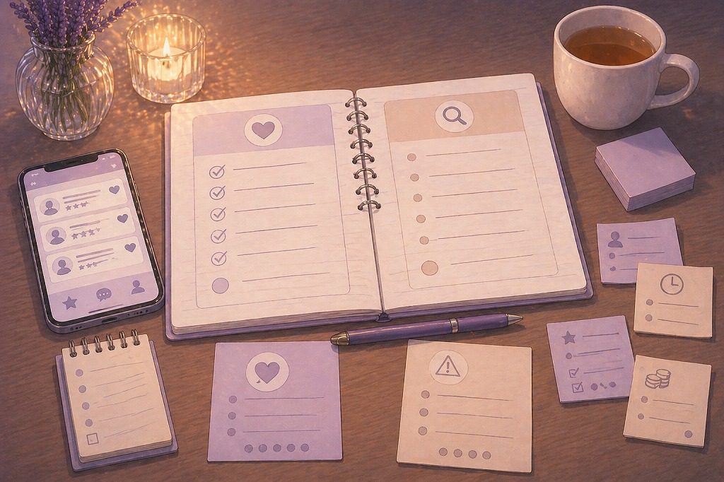 電話占いマディアが向いている人と向いていない人を左右のメモで比較整理しているデスクイメージ