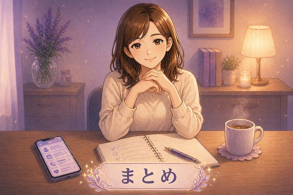 口コミ料金安全性を確認したあとノートとスマホを机に置いて落ち着いて判断する早川かなえのまとめ用イメージ