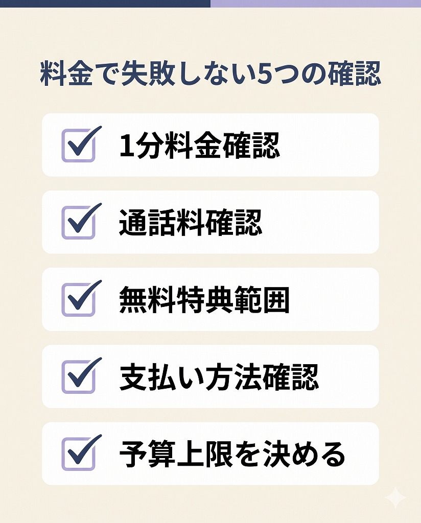 電話占いマディアの料金で失敗しないために1分料金通話料無料特典支払い方法予算上限の確認ポイントをまとめたチェックリスト図解