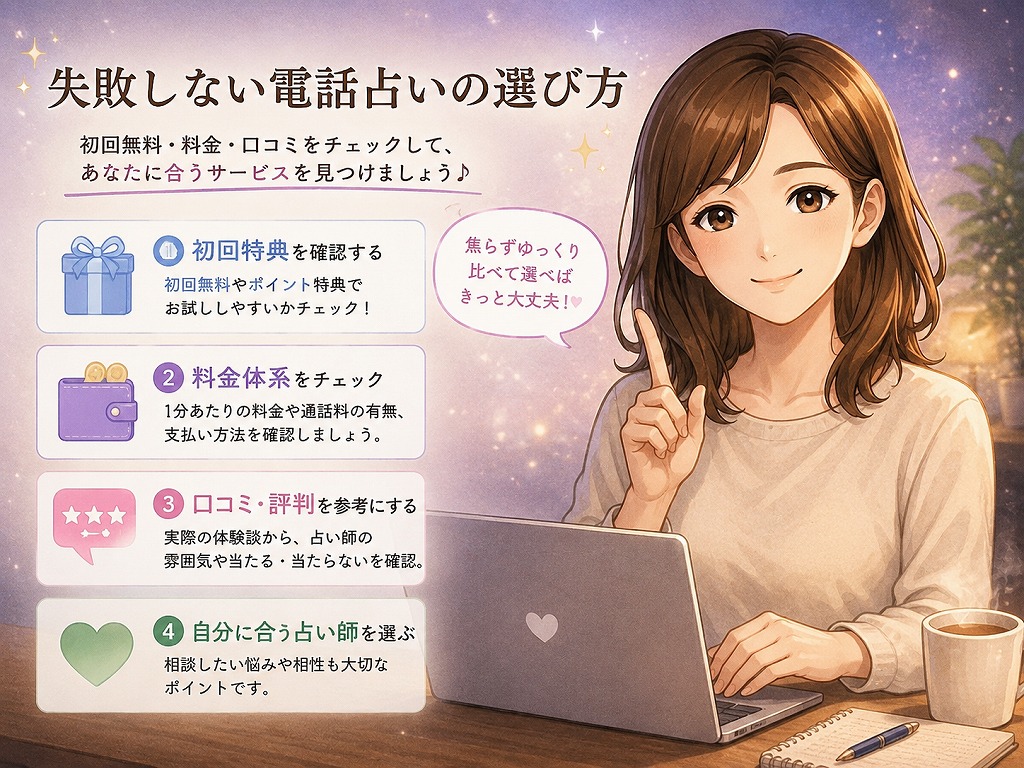 初回無料・料金・口コミを比較しながら失敗しない電話占いの選び方をやさしく案内する早川かなえの挿入画像