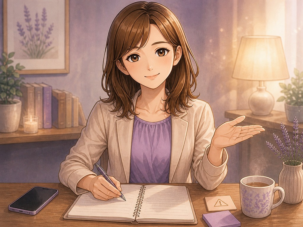 ノートを開きながら電話占いで相談できる内容と避けるべき内容をやさしく整理して案内する早川かなえのイラスト