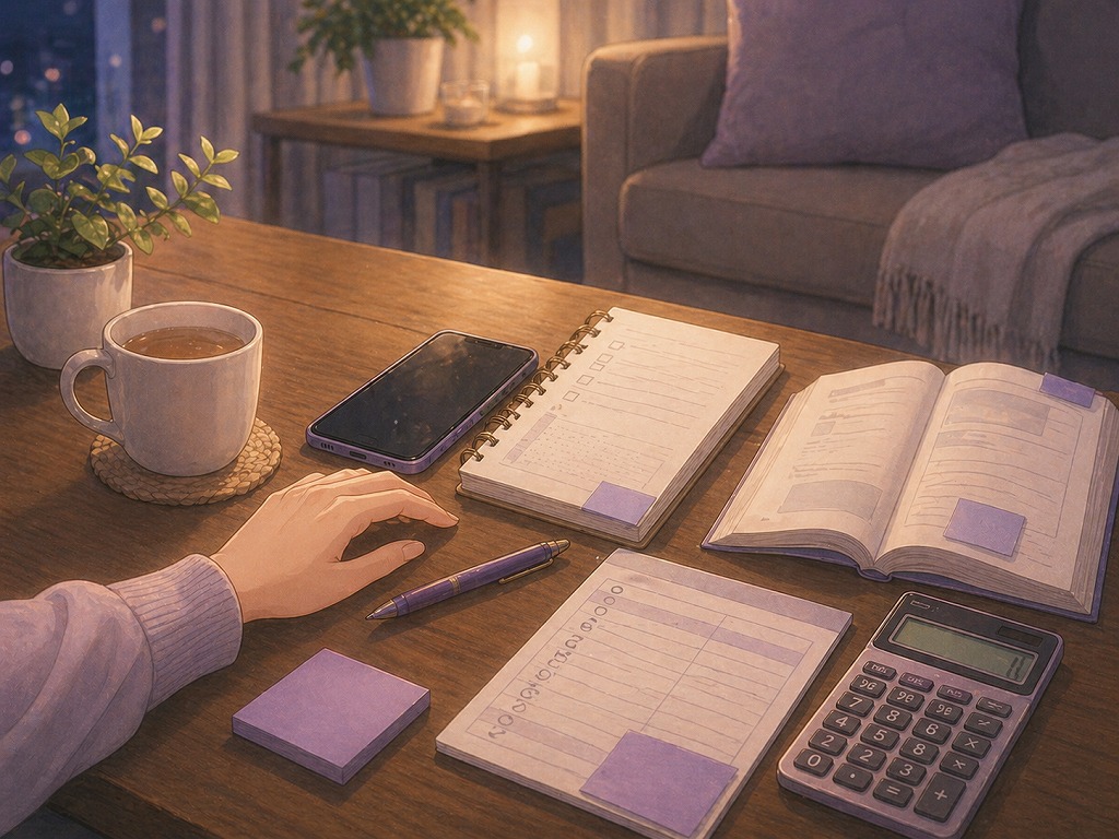 夜のリビングで家計メモと試験ノートを見ながらスマホの前で冷静に判断しようと考え直している様子のイラスト