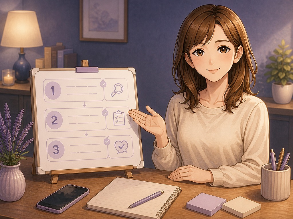 相談前に確認する3ステップをボードとメモを使ってやさしく案内している早川かなえのイラスト
