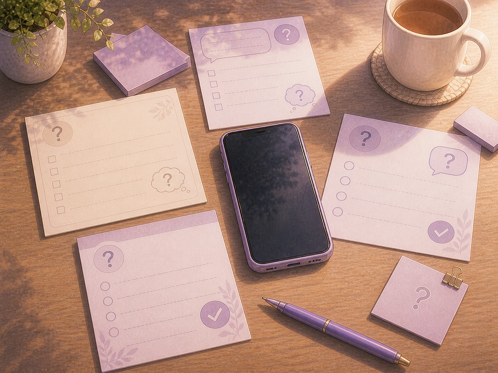 スマホと質問メモを見ながら電話占いのよくある疑問や不安を落ち着いて整理している机上のイラスト