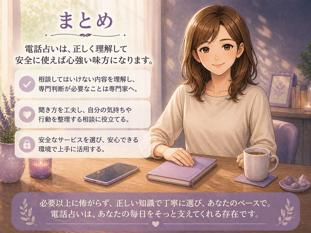 窓辺のテーブルで穏やかに微笑み電話占いを正しく安全に使えばよいとやさしく寄り添い読者を送り出す早川かなえのイラスト