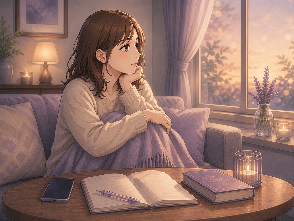 電話占い後の不安を抱えたまま、窓辺で静かに気持ちを落ち着けている女性の様子