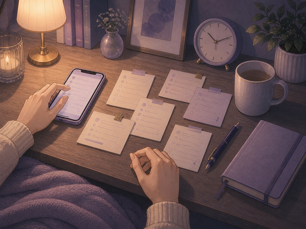 電話占い後に確認ばかり増え、行動に移せず立ち止まっている状態を表した手元の様子